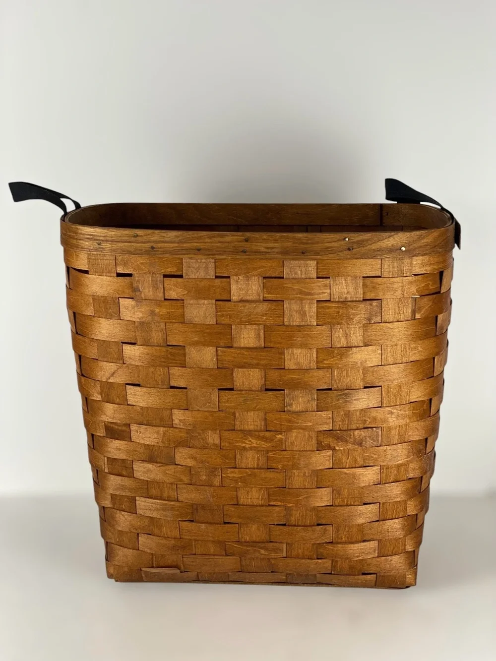 Vintage Large 18”x19” Woven Wood Basket Storage Laundry Hamper Double Handles
